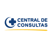 Logotipo da Central de Consultas, apresentando um símbolo de cruz e o texto em azul com uma linha amarela abaixo.