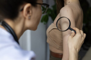 female doctor diagnosing melanoma body female patient Central de Consultas | Clínica Popular