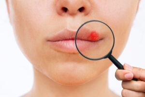 herpes lip young woman with blisters caused by virus mouth enlarged with magnifying Central de Consultas | Clínica Popular